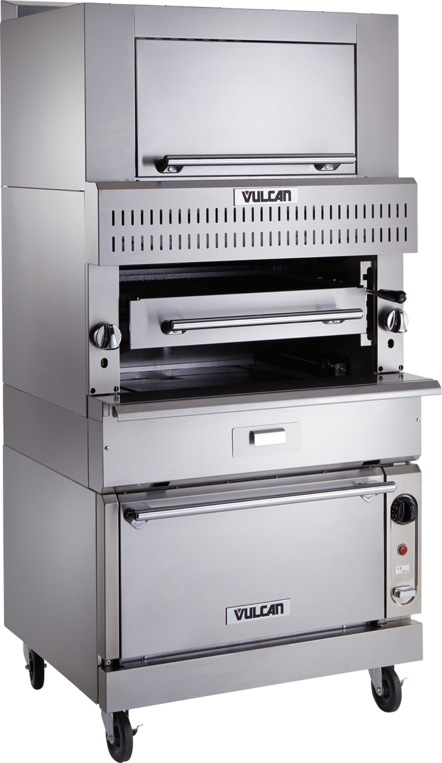 A large, stainless steel Vulcan V Series Deck-Broiler on wheels features single-deck infrared burners, a pull-down broiler door, vented grill area with adjustable rack, control knobs on each side, and a bottom oven compartment with handle and temperature control.
