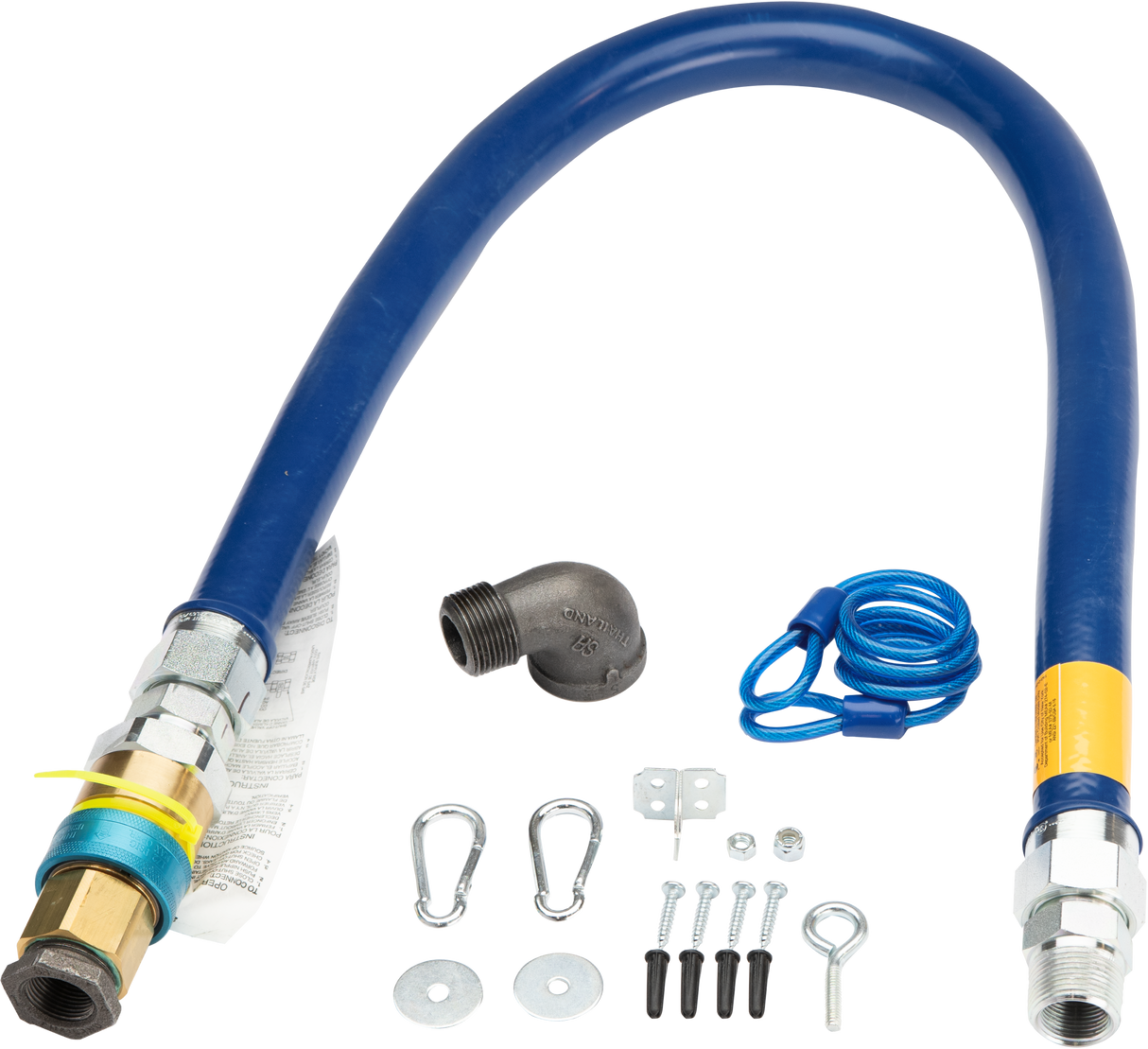 A 4 ft blue flexible Quick Disconnect Hose with metal fittings on both ends, a black elbow joint, two carabiner clips, a blue coiled lanyard, screws, washers, wall plugs, and a metal eye hook—all neatly arranged on a white background.