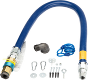 A 4 ft blue flexible Quick Disconnect Hose with metal fittings on both ends, a black elbow joint, two carabiner clips, a blue coiled lanyard, screws, washers, wall plugs, and a metal eye hook—all neatly arranged on a white background.