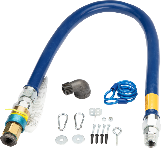 A 4 ft blue flexible Quick Disconnect Hose with metal fittings on both ends, a black elbow joint, two carabiner clips, a blue coiled lanyard, screws, washers, wall plugs, and a metal eye hook—all neatly arranged on a white background.