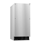 A stainless steel, cube-style ice maker with a smooth front panel, black vent at the bottom, and a small handle on the upper right. The design is minimal and modern, with visible screws at the corners for panel attachment.