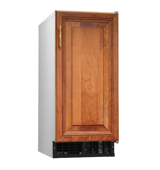 A self contained, freestanding appliance with a stainless steel body and a decorative wooden front panel featuring a carved rectangular design and brass handle; black vent at the base, white background, cube-style ice maker.