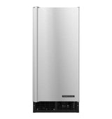 A tall, rectangular stainless steel ice maker with a sleek, smooth door. The air-cooled, cube-style design features a black vent grille and a small Hoshizaki label, making it modern and minimal—ideal for commercial or home use.