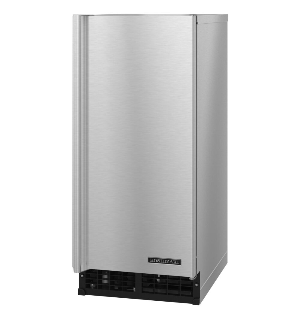 A stainless steel Hoshizaki undercounter air-cooled ice maker with a smooth door, vertical brushed finish, and a black vented base. The compact, cube-style appliance features the brand logo on the front, perfect for modern kitchens or bars.