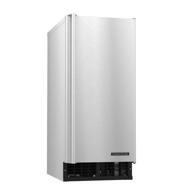 A tall, rectangular stainless steel cube-style ice maker with a smooth front door and black vented base. The brand name “Hoshizaki” appears on the lower front. This air-cooled unit features a modern, industrial design against a white background.