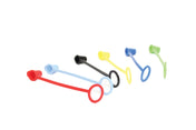 Five plastic pull tabs in red, blue, black, yellow, and green are arranged diagonally on a white background. Each tethered cap features a circular ring at one end and a standard cone tip top at the other, highlighting their variety and alignment.