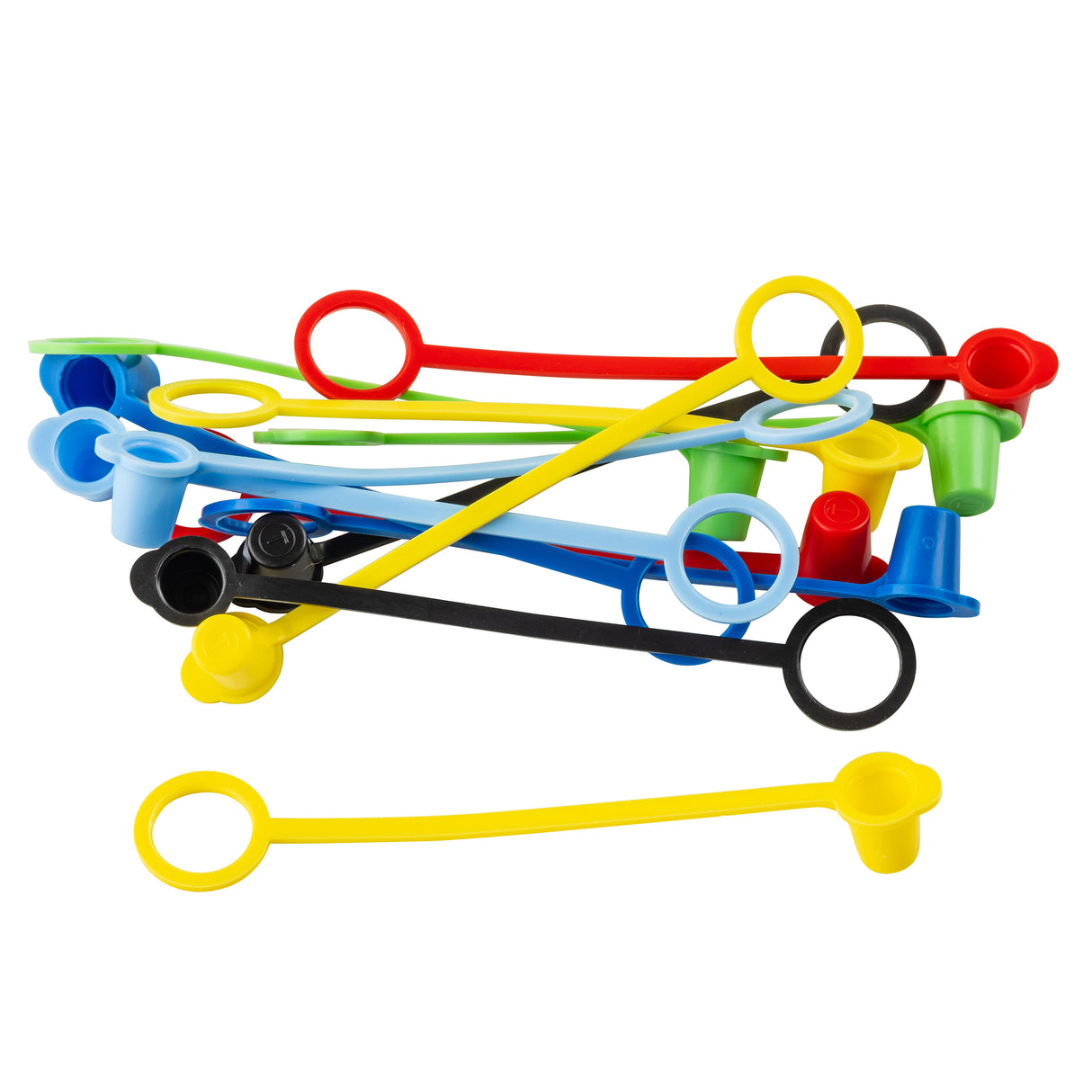 A pile of colorful tethered caps with attached loops, used for covering small openings. These dishwasher safe caps in red, yellow, green, blue, and black are scattered in an overlapping arrangement on a white background.