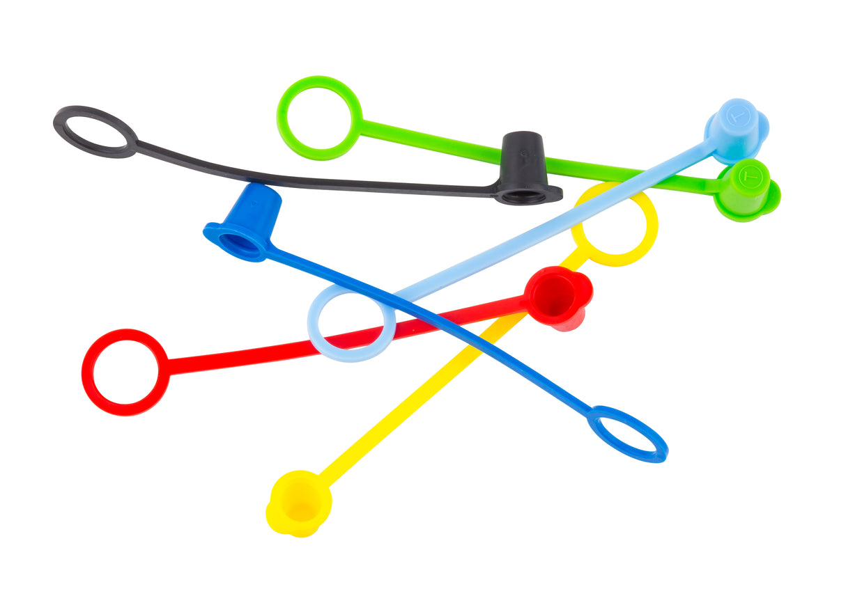 Five colorful tethered caps with flexible straps—red, yellow, blue, green, and black—are scattered in a pile on a white background. Each cap has a loop and a plug to cover and protect small cylindrical openings. Dishwasher safe for easy cleaning.