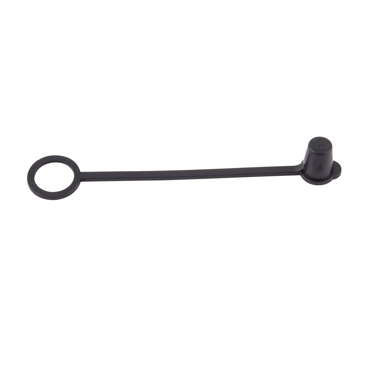 A black TableCraft Sani-Cap Tethered Cap made from thermoplastic polyethylene, featuring a small cap on one end and a circular ring on the other, connected by a flat strap. The cap seals small openings, while the ring attaches to various objects. White background.