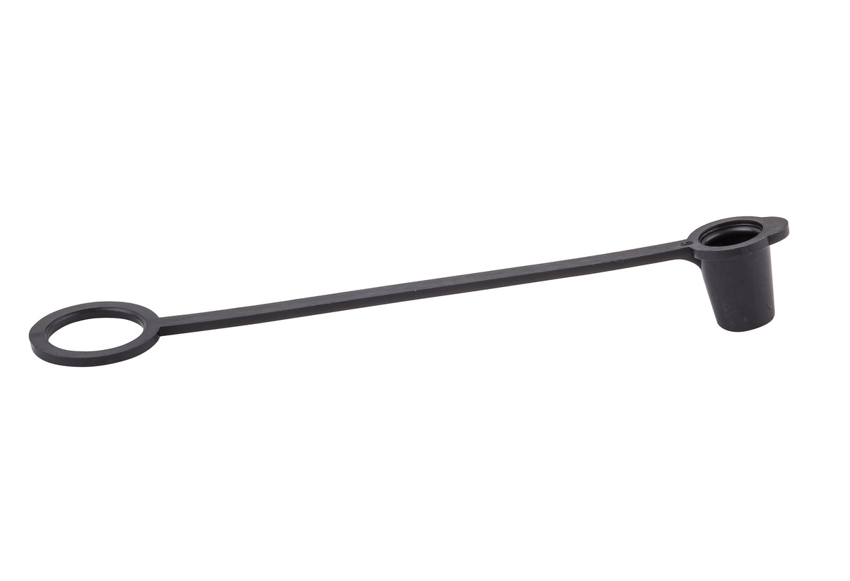 A black Sani-Cap Tethered Cap by TableCraft, made from thermoplastic polyethylene, features two circular ends connected by a flexible strap—one solid cylindrical cap and one flat ring—designed to protect small tube or fitting openings. White background.