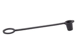 A black Sani-Cap Tethered Cap by TableCraft, made from thermoplastic polyethylene, features two circular ends connected by a flexible strap—one solid cylindrical cap and one flat ring—designed to protect small tube or fitting openings. White background.