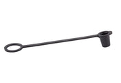 A black Sani-Cap Tethered Cap by TableCraft, made from thermoplastic polyethylene, features two circular ends connected by a flexible strap—one solid cylindrical cap and one flat ring—designed to protect small tube or fitting openings. White background.