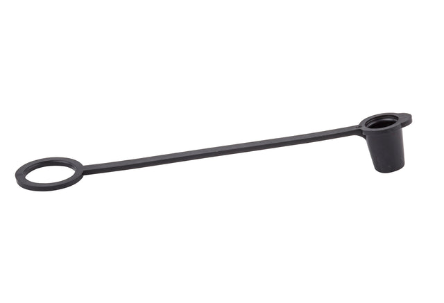 A black Sani-Cap Tethered Cap by TableCraft, made from thermoplastic polyethylene, features two circular ends connected by a flexible strap—one solid cylindrical cap and one flat ring—designed to protect small tube or fitting openings. White background.