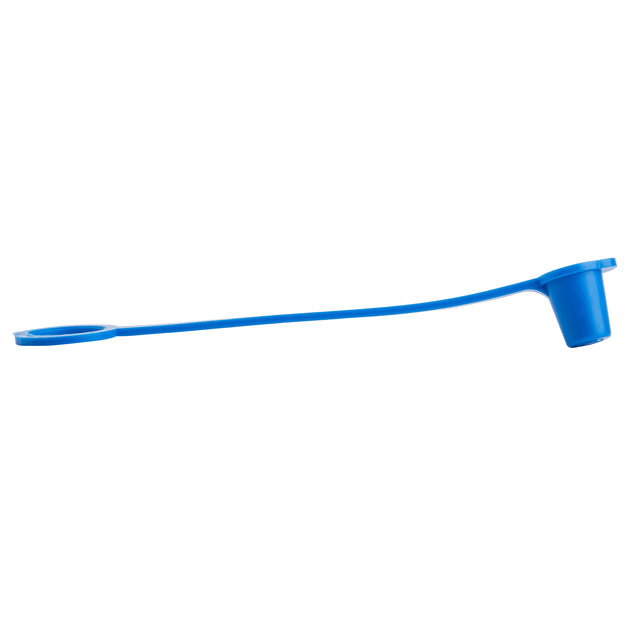 A long, flexible blue thermoplastic polyethylene tether with a small open cup on one end and a flat circular ring on the other, set against a white background. The Sani-Cap Tethered Cap keeps the cup and ring securely attached together.