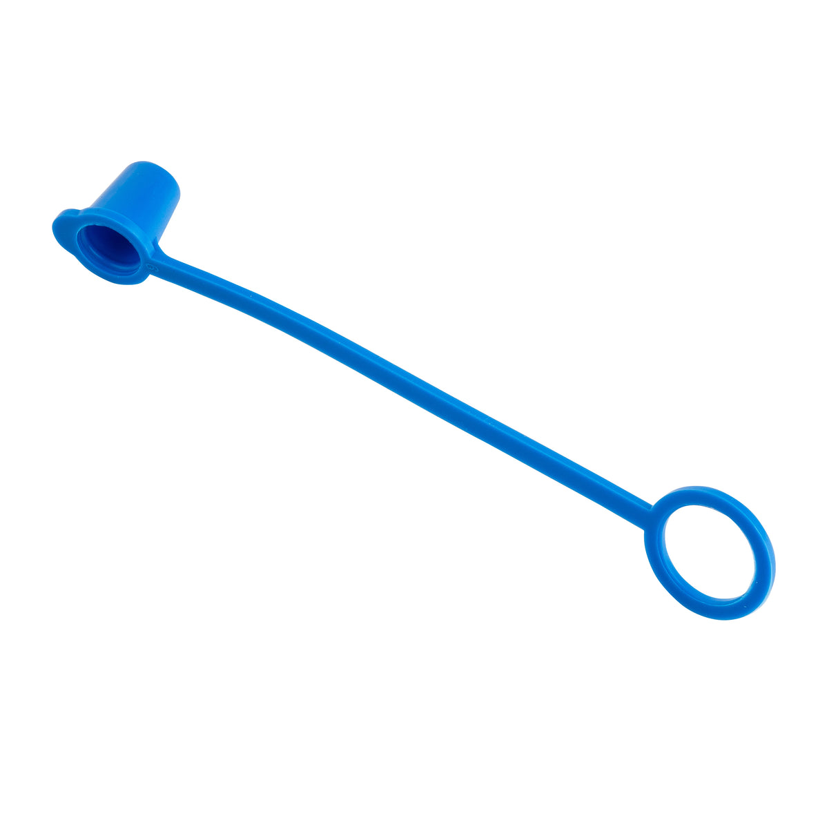 A bright blue Sani-Cap Tethered Cap by TableCraft Products, made from thermoplastic polyethylene, featuring a small cap on one end and a circular loop on the other to secure the cap and prevent it from getting lost.