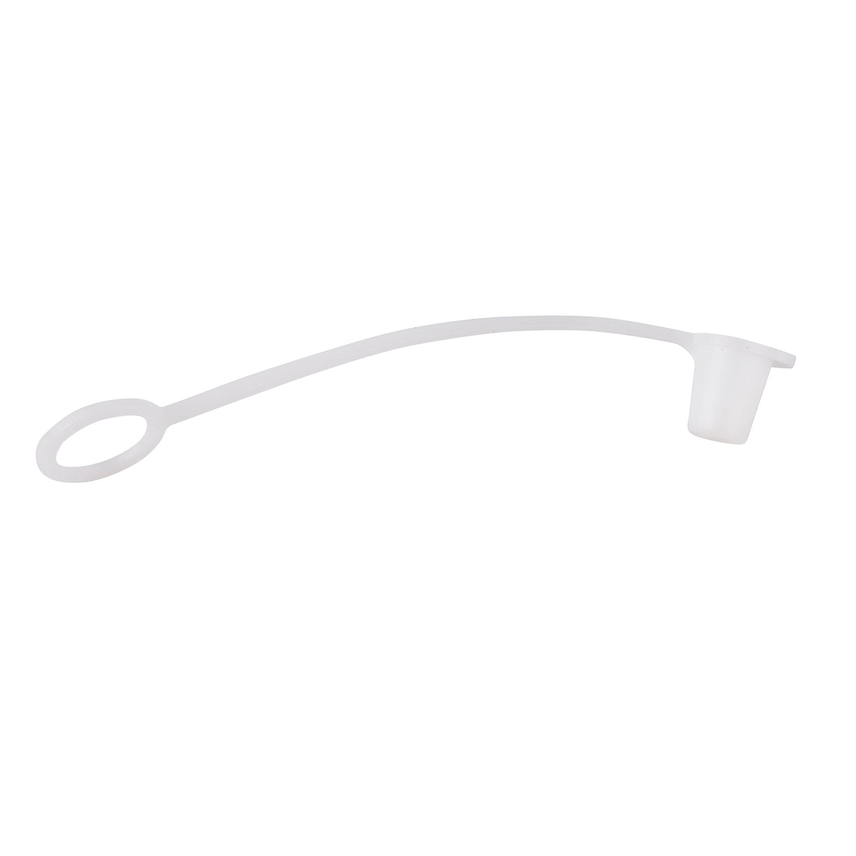 A translucent, flexible plastic tethered cap featuring a small cap on one end and a round loop on the other, connected by a slender, arched strip. The cap appears designed to seal an opening, while the loop could attach to a container.