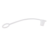 A translucent, flexible plastic tethered cap featuring a small cap on one end and a round loop on the other, connected by a slender, arched strip. The cap appears designed to seal an opening, while the loop could attach to a container.