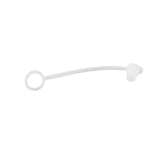 A small, white, flexible plastic piece with a loop on one end and a T-shaped stopper on the other, connected by a slender curved stem. This tethered cap design is dishwasher safe. The background is plain white.
