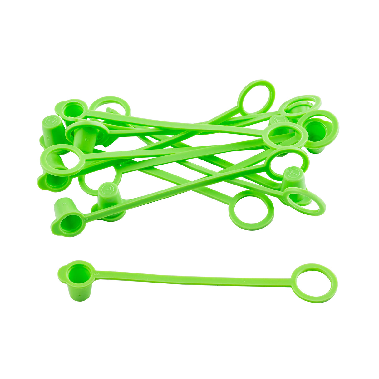 A pile of bright green TableCraft Products Sani-Cap Tethered Caps, each thermoplastic cap featuring a small end attached to a circular loop by a flat strip. One cap is separate, displaying its full length and shape on a plain white background.
