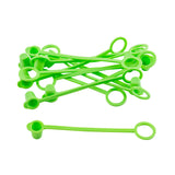 A pile of bright green TableCraft Products Sani-Cap Tethered Caps, each thermoplastic cap featuring a small end attached to a circular loop by a flat strip. One cap is separate, displaying its full length and shape on a plain white background.