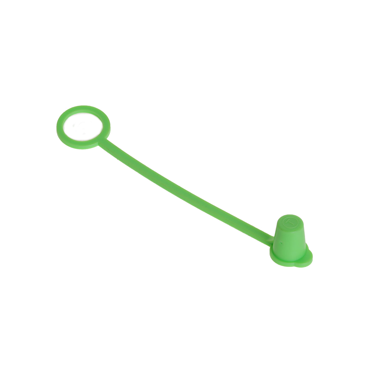 A green thermoplastic cap with an attached tether from TableCraft Products. One end has a circular ring, while the other features a small, hollow, cone-shaped Sani-Cap Tethered Cap designed to fit over a valve or nozzle. Photographed on a white background.