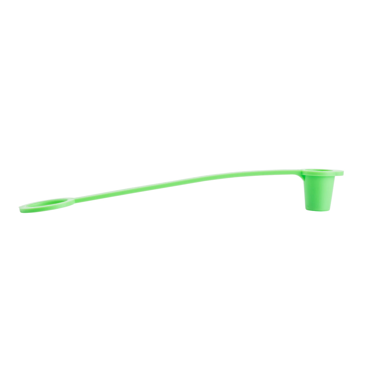 A green thermoplastic Sani-Cap Tethered Cap by TableCraft Products features a round cap on the right and a flat, round ring on the left, connected by a long, thin, slightly curved strap; isolated on a white background.