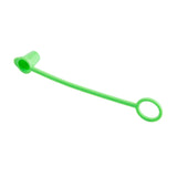 A bright green Sani-Cap Tethered Cap featuring a small cup-shaped end connected to a flexible strap with a circular loop; commonly used to cover and protect valve stems or similar small openings. The background is white.