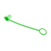 A bright green Sani-Cap Tethered Cap featuring a small cup-shaped end connected to a flexible strap with a circular loop; commonly used to cover and protect valve stems or similar small openings. The background is white.