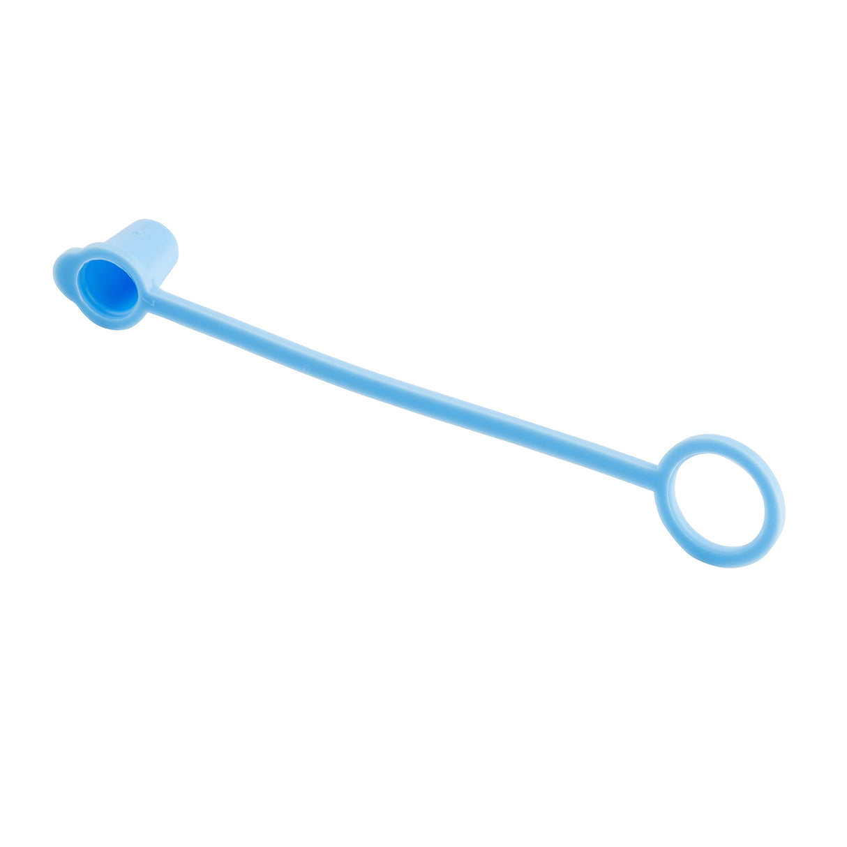 A light blue Sani-Cap Tethered Cap by TableCraft Products, featuring a thermoplastic cap with a circular end and a round loop, joined by a flexible stem, shown on a white background.