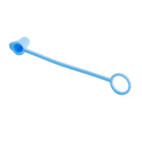 A light blue Sani-Cap Tethered Cap by TableCraft Products, featuring a thermoplastic cap with a circular end and a round loop, joined by a flexible stem, shown on a white background.