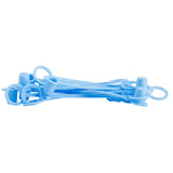 A pile of blue plastic bag clips with circular loops and pointed ends, stacked together on a white background. Made from thermoplastic cap material, these reusable clips by TableCraft Products are easy to use and help keep contents fresh.