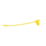 A yellow Sani-Cap Tethered Cap made from thermoplastic polyethylene features a ring on one end and a small cylindrical cap on the other, both connected by a flexible, slightly curved strip. The background is plain white.