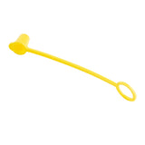A bright yellow Sani-Cap Tethered Cap made from thermoplastic polyethylene, featuring a small cap on one end, an attached flexible strap, and a circular loop on the other end. It’s ideal for covering and protecting valves or connectors. Plain white background.