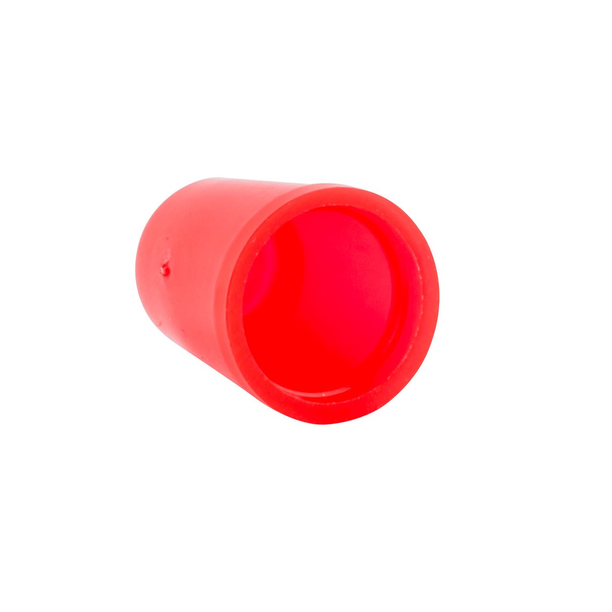 A bright red, hollow plastic cylinder, resembling a TableCraft cone top cap, is shown lying on its side against a white background. The open end faces the viewer, revealing its smooth, dishwasher safe interior and subtle highlights on the outer surface.
