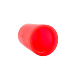 A bright red, hollow plastic cylinder, resembling a TableCraft cone top cap, is shown lying on its side against a white background. The open end faces the viewer, revealing its smooth, dishwasher safe interior and subtle highlights on the outer surface.