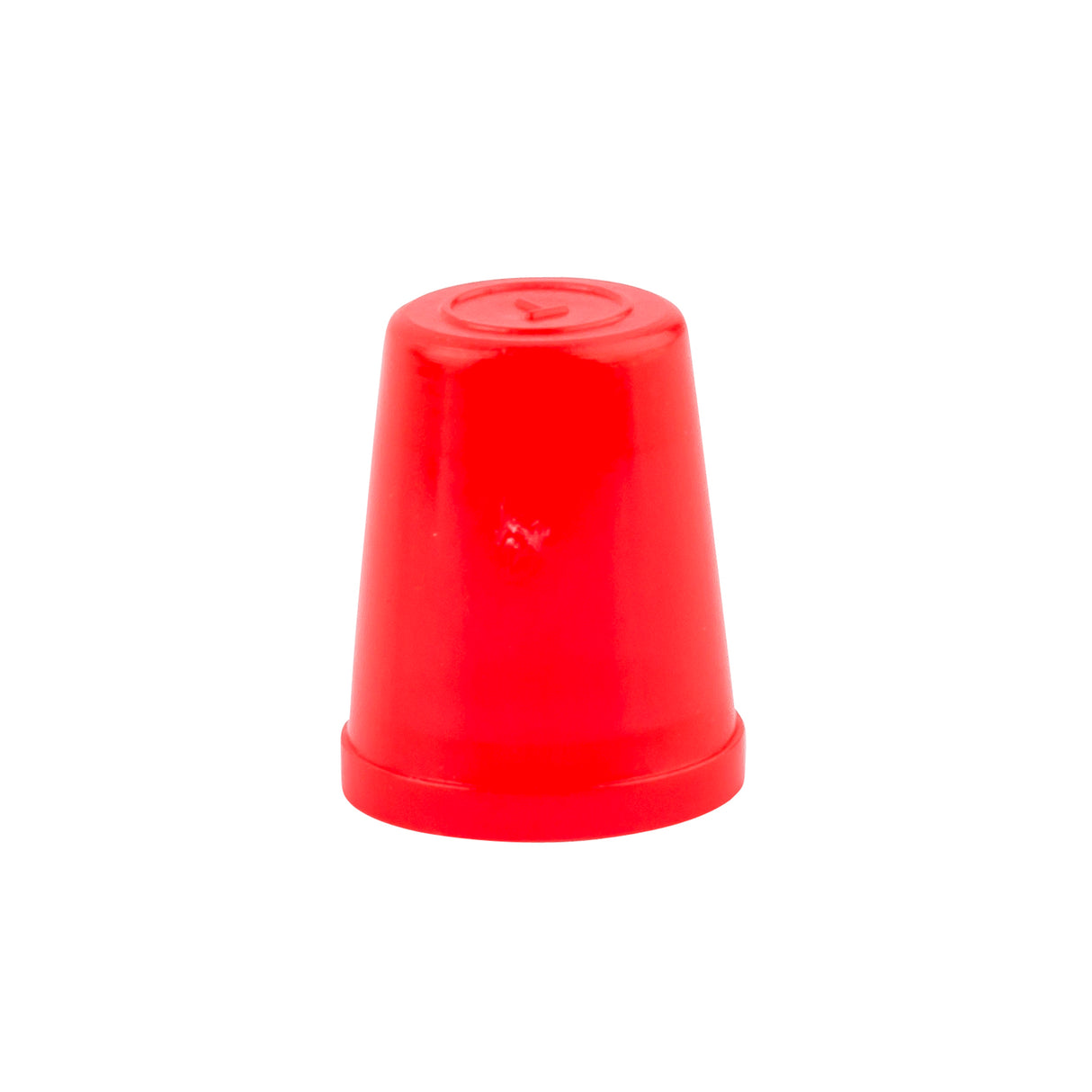 A single small, red plastic cup is upside down against a white background. The glossy, cylindrical cup resembles a TableCraft cone top cap, tapers slightly toward the top, and features a smooth surface with a raised circular ridge on the base.