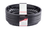 A stack of black, oval-shaped Classic baskets is tightly wrapped with a label in English, Spanish, and French. The open lattice-style sides and dishwasher safe feature make these plastic baskets versatile. The background is white.