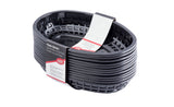 A stack of classic, black, oval-shaped plastic baskets is shown. The baskets, which are heat resistant, have open grid sides and are bundled with a white and red paper label around the middle. The background is plain white.