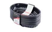 A stack of classic, black, oval-shaped plastic baskets is shown. The baskets, which are heat resistant, have open grid sides and are bundled with a white and red paper label around the middle. The background is plain white.