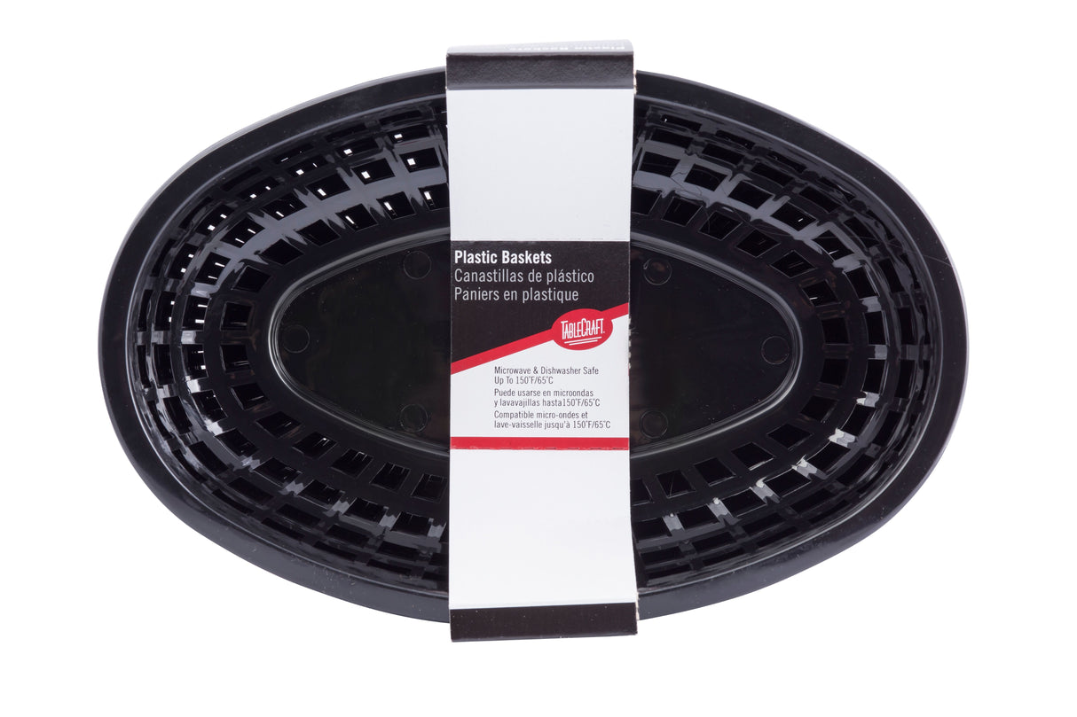 A black oval plastic basket with a grid design is shown from above. A white and red label wrapped around the middle reads “Plastic Baskets” in English, Spanish, and French, highlighting that these classic baskets are heat resistant and dishwasher safe.