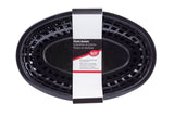 A black oval plastic basket with a grid design is shown from above. A white and red label wrapped around the middle reads “Plastic Baskets” in English, Spanish, and French, highlighting that these classic baskets are heat resistant and dishwasher safe.