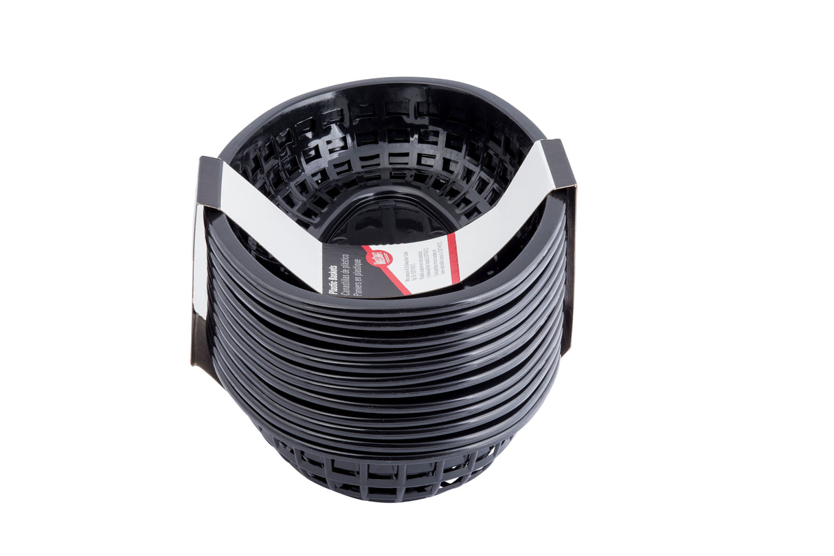 A stack of black, oval-shaped classic baskets with lattice-style sides, secured together with a white and red product label on top. These dishwasher safe baskets are nested inside each other and shown against a plain white background.