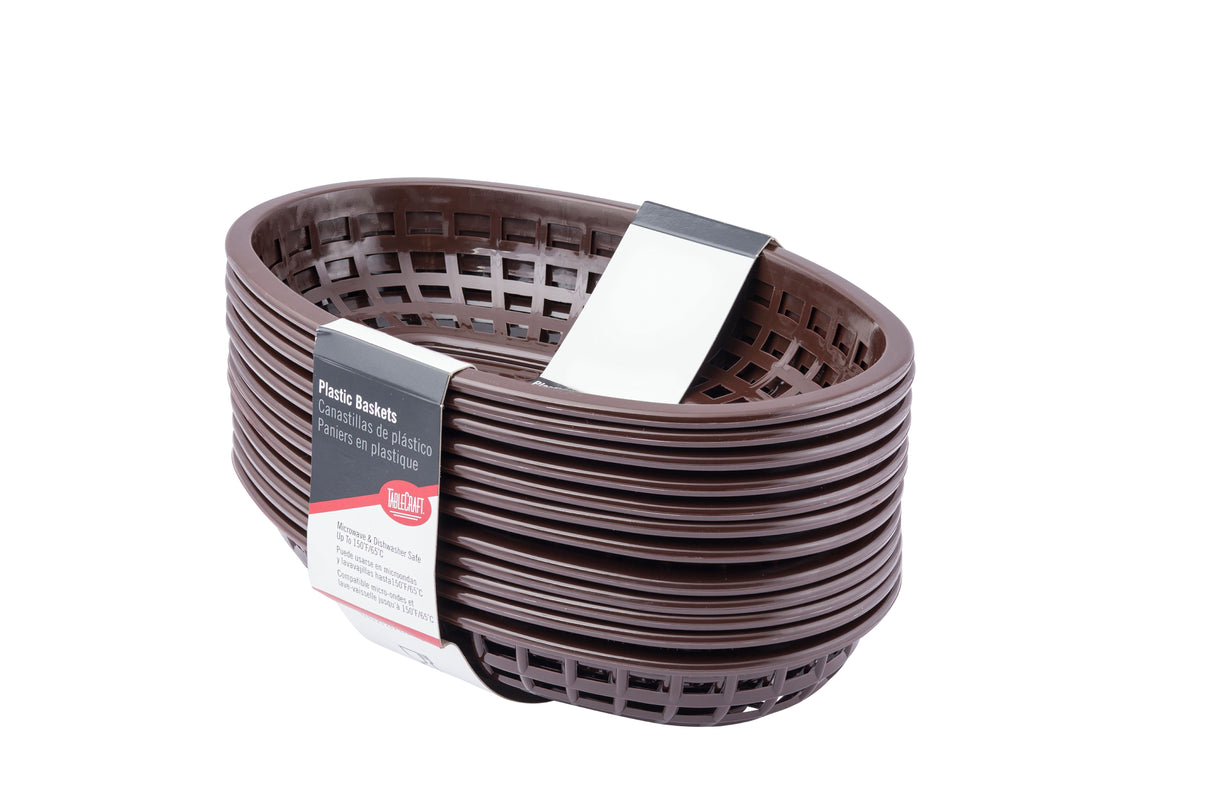 A stack of classic brown oval plastic baskets with a lattice pattern, neatly nested together. A white and red product label wraps around the stack, featuring text and a logo. These baskets are dishwasher safe, with a plain white background highlighting them.