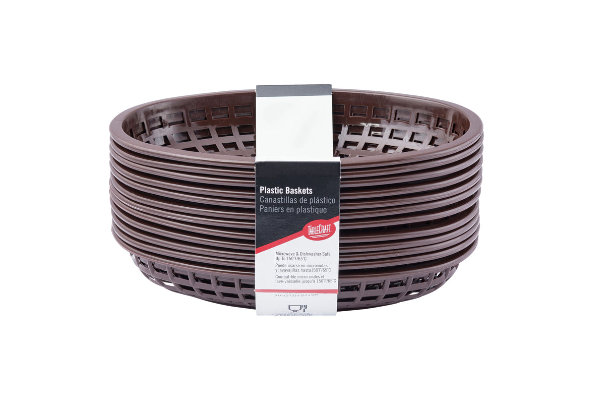 A stack of round, brown plastic baskets with a crisscross pattern. A white and black label in the center reads Plastic Baskets in English, Spanish, and French. These classic baskets are dishwasher safe. The background is plain white.