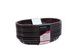 A stack of classic dark brown oval plastic baskets with slotted sides, held together by a paper label displaying product information in English and French. These heat resistant baskets are showcased against a plain white background.