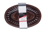 A brown, oval-shaped plastic basket with a grid-like pattern is shown from above. A white and black label wrapped around the basket reads Plastic Baskets in English, Spanish, and French, noting these classic baskets are dishwasher safe. Chef Craft logo included.