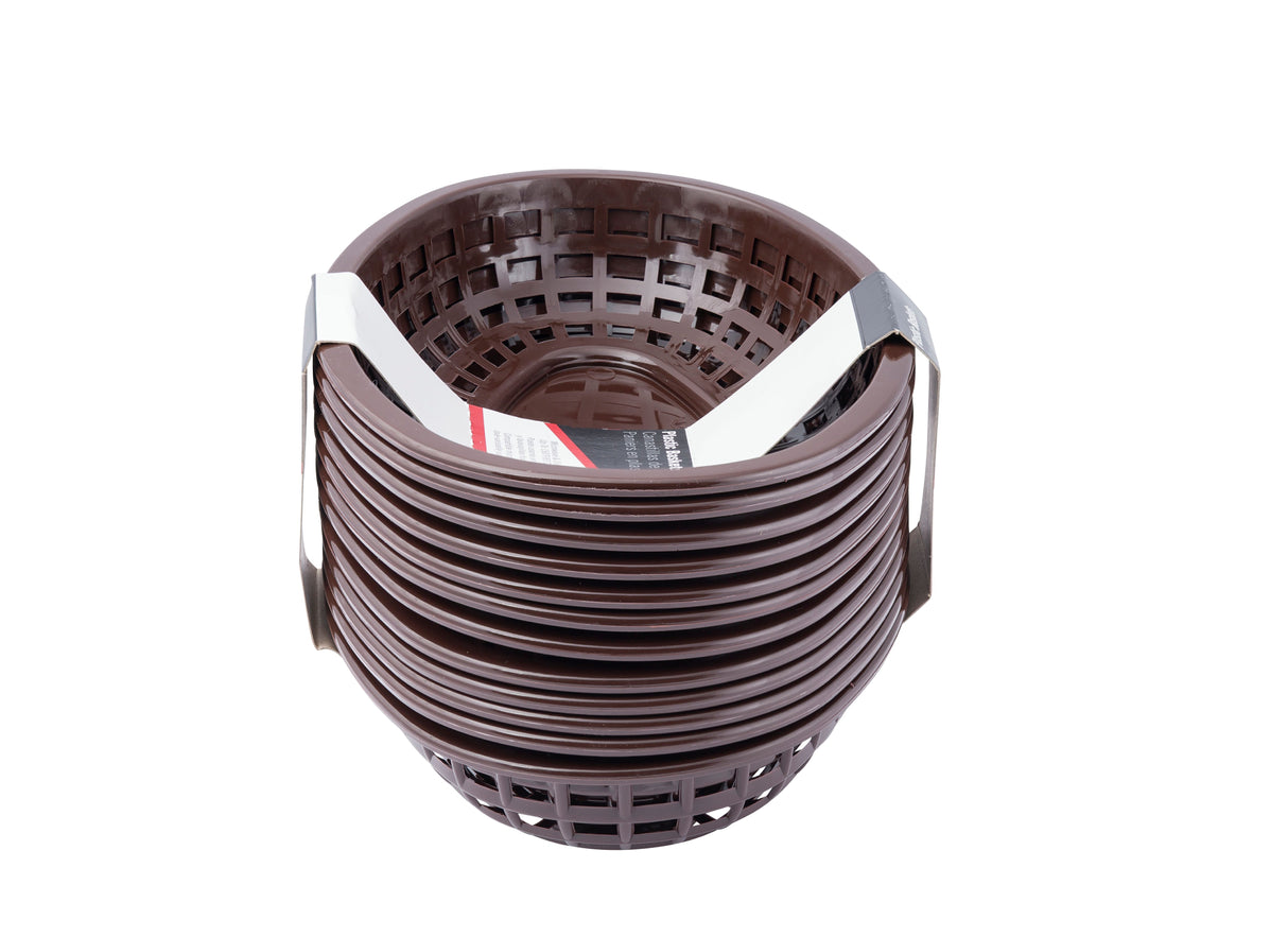 A stack of round, brown classic baskets with a crisscross pattern, nested together and wrapped with paper labels. These dishwasher safe baskets are set against a plain white background.