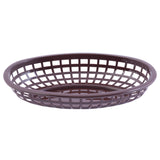 A brown, oval-shaped classic basket with an open grid design. The heat resistant plastic basket features a rim around the top edge and a flat bottom, perfect for serving bread or fries in casual dining settings. The background is plain white.