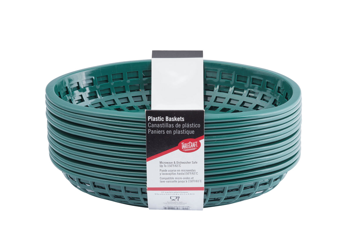 A stack of round, green, classic baskets with open lattice sides is shown. A white and black label on the front reads “Plastic Baskets” in multiple languages. These heat resistant baskets are neatly nested against a plain white background.