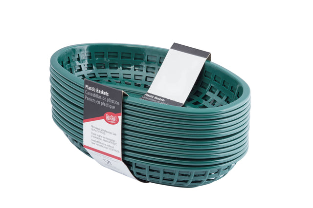 A stack of classic green oval plastic baskets with open grid sides. Made in USA, these baskets have a white paper label in English and French. The stack is shown against a plain white background.